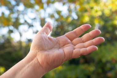 Kapalı kadın palmiye çizgileri, doğal deri dokusu, açık el, güven ve açıklık kişisel ilişkilerde, kader konsepti, avuç içi okuma, insan çizgileri, terapi uygulamalarında insan dokunuşu