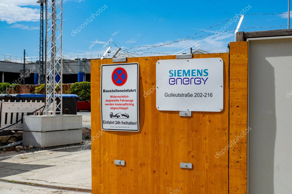 Sign Siemens Energy and construction site entrance, Energy and industry solutions, industry, and Construction and urban development projects in Frankfurt am Main, Germany - August 11, 2025