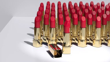 Parlak yüzeye altın kaplamalı lüks ruj, doğal kozmetik lüksü, güzellik endüstrisi cazibesi, zenginlik yüksek kaliteli makyaj seçenekleri, 3D görüntüleme.