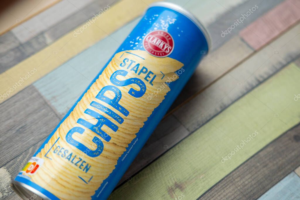 Clarkys Stapel Chips can, popular Pringles flavors, Grocery store favorites, Original crisp chip imagery, snack unhealthy food choices, on-the-go consumption, Frankfurt - June 15, 2025