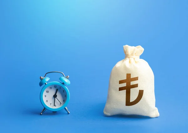 Blue clock and turkish lira money bag. Loans, mortgages. Retirement funds. ROI. Bonds, dividends. Bank, finance. Investments. Hourly pay. Time of payment in the contract. Taxation. Deposits, savings.