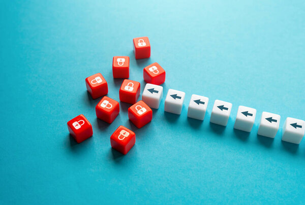 Get blocked. Impossibility to go further. Don't give up. Prohibition. Solve accumulated problems. Deal with all conflicts. Not available. Break the barrier of misunderstanding. Remove restrictions.