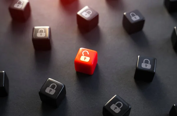 stock image Hacking the security. The threat of information leakage and the security of the system. Red open padlock among closed black ones. Close the gap, fix the problem.