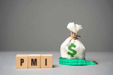 Bir blok konseptinde PMI - Satın Alma Yöneticileri Endeksi. Ekonomik göstergeler özel şirketlerin aylık anketlerinden türetilmiştir. İş değerlendirmeleri ve finans konsepti. PMI Proje Yönetimi Enstitüsü