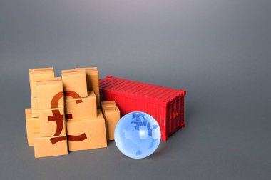 Kutular dolusu mal ve İngiliz sterlin sembolü. Dünya ticaret ekonomisi. Üretim, depolama ve nakliye lojistiği. Üretim ve ürün satışı. Piyasalar. İş küreselleşmesi