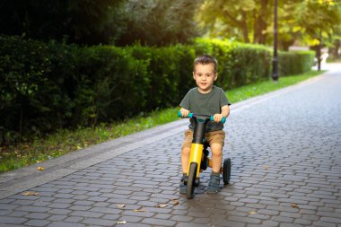 Güneşli bir yaz gününde, iki ya da üç yaşında şirin, mutlu bir çocuk bisiklet sürüyor ya da bir şehir parkında denge bisikleti sürüyor. Bebeklik ve çocukluk kavramı. Seçici odak
