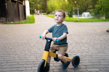 Güneşli bir yaz gününde, iki ya da üç yaşında şirin, mutlu bir çocuk bisiklet sürüyor ya da bir şehir parkında denge bisikleti sürüyor. Bebeklik ve çocukluk kavramı. Seçici odak