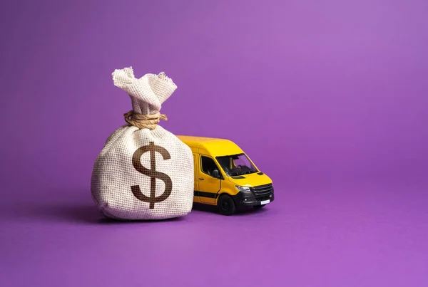 Dollar money bag and delivery van. Freight transportation. Logistics industry, driver shortages. Invest in electric and autonomous vehicles. Last-mile delivery services. Supply chain resilience.