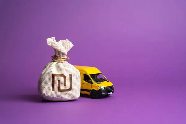 Israeli shekel money bag and delivery van. Freight transportation. Logistics industry, driver shortages. Last-mile delivery services. Supply chain. Invest in electric and autonomous vehicles.