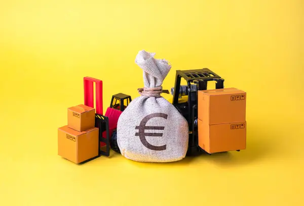Euro money bag and warehouse loading equipment. Freight transportation, logistics management, and warehousing solutions. Economic trends, trade policies. Infrastructure development