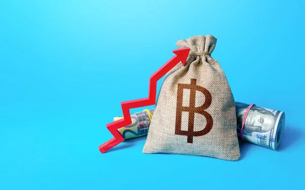 Thai baht money bag and red up arrow. Economic growth, GDP. Rise in profits, budget fees. Increase in the deposit rate. Inflation acceleration. Investments. Increase income and business efficiency.