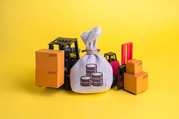 Forklifts with goods and a money bag. Delivery of industrial orders. Freight transportation, logistics management, and warehousing solutions. Economic trade policies. Infrastructure development