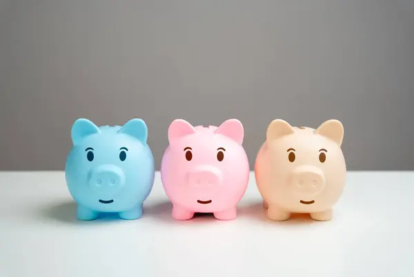 Three cheerful piggy banks. Savings and deposit banking. Diversification of investments and savings. Banking. Terms and conditions from the bank.