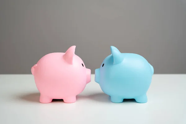Close relationship of piggy banks. Pooling savings into a new family life. Relationships and finances. Valentine's Day. Banking, savings and deposits. Cashbacks and earnings.