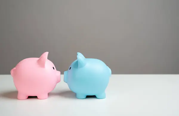 Close relationship of piggy banks. Relationships and finances. Valentine's Day. Banking, savings and deposits. Cashbacks and earnings. Pooling savings into a new family life.
