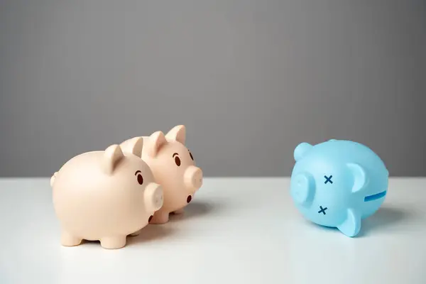 The piggy bank looks at the bankrupt one. Bad economy. Financial crisis, end of savings, bankruptcy. Devaluation, inflation. Impoverishment. Refinancing restructuring of debts. Economic depression