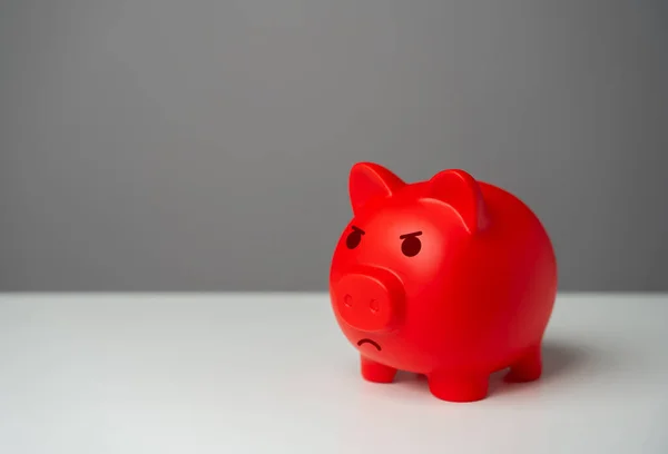 An angry pouty piggy bank. Heavy burden on the budget, high expenses and the likelihood of bankruptcy. Overheated financial market. Difficult economic conditions. Threat to savings.