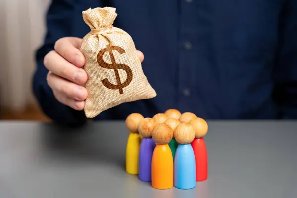 Businessman Holding Dollar Money Bag Group People Figurines Allocation Budget Royalty Free Stock Images