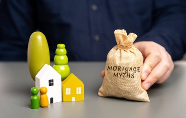 Mortgage myths concept. Misconceptions or misunderstandings about mortgages that can mislead borrowers. Real estate and loan concept. Money bag and miniature houses with family figures clipart