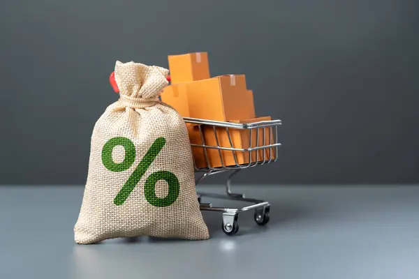 A bag with interest and a shopping cart with goods. Purchase on credit. Discounts and promotions. Purchasing power of buyers. Paying taxes. Savings on purchases.