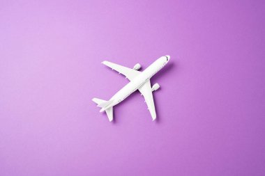 Mor-pembe arka planda yolcu uçağı. Ticari uçuşlar, yolcu taşımacılığı. İş turizmi.