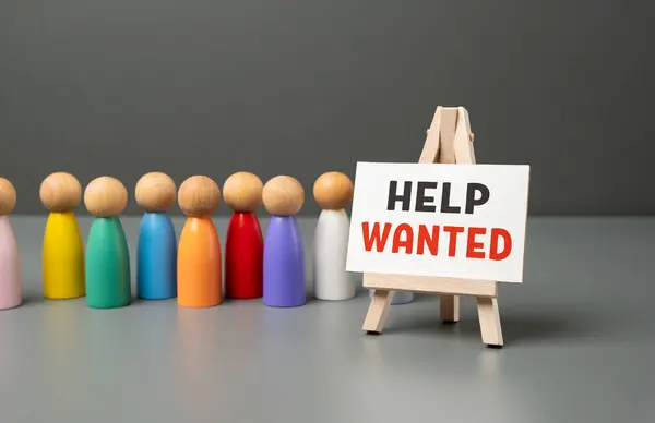 stock image Queue and help wanted sign. Job candidates. Simplification of procedures for accepting foreign workers. Opening of new jobs. Attract investors who provide financial support. Hiring workers