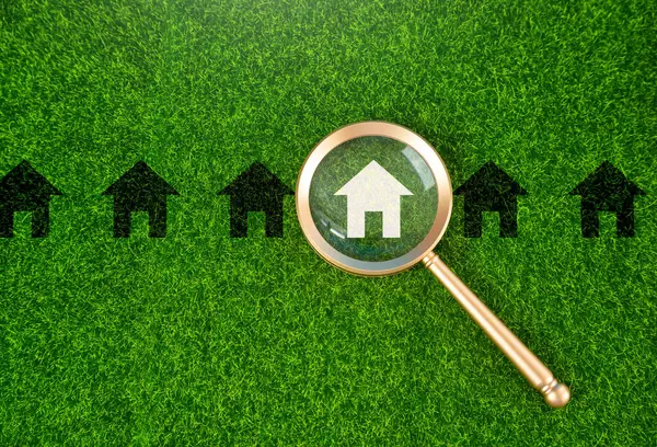 stock image Find a home to buy search by address. House and magnifying glass. Take a mortgage. Investments in immovable assets. Property Inspection. Searching for real estate to buy.