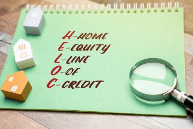 Heloc konsepti - ev özsermayesi kredisi. Borçluların evini teminat olarak kullanan bir ev sahibine verilen kredi limiti. İş ve finans. Minyatür evler, büyüteç ve not defteri.