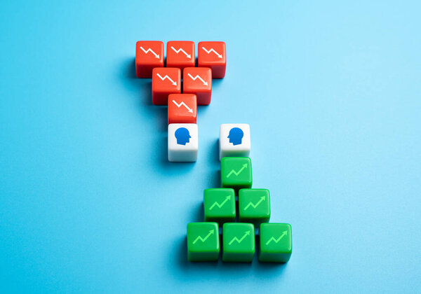 Two opposing businessmen with profitable and deficit balances of funds and budget. Concept of optimist and pessimist. Compared by level of wealth.