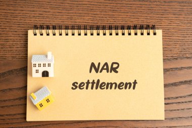 Nar settlement in real estate concept. Agreements addressing broker commissions, transparency, and potential reforms in the real estate industry. Notes and miniature houses clipart