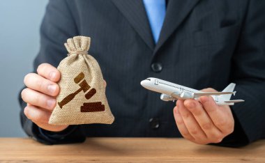 Uçakta iş adamı ve bir çanta dolusu dava ve karar. Havacılık endüstrisi için dava açma ve yönetmelik yasaları kavramı. Uçak anlaşmazlıkları, yolcu hakları, güvenlik yönetmelikleri, davalar