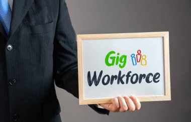 Gig workforce and business. Freelance economy, flexible employment, temporary contracts, side hustles, and independent work. Focus on modern job markets, remote work trends clipart