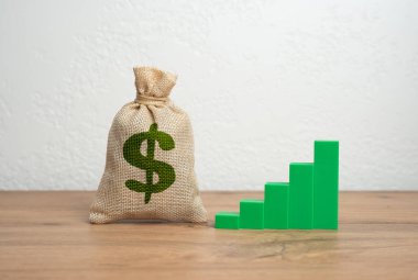 Dolar para torbası ve yeşil büyüme grafiği. Ekonomik genişleme, başarılı yatırımlar ve iş performansında yükselen eğilimler. Büyüyen karlılık, yatırım geri dönüşleri, büyüme göstergeleri.