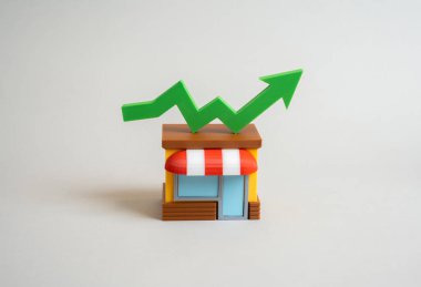 Mağaza ve yükselen yeşil ok. İş kar artışı. Daha çok satış ve müşteri. Ticari başarı, piyasa genişlemesi, yatırım ve ekonomik düzelme kavramı.