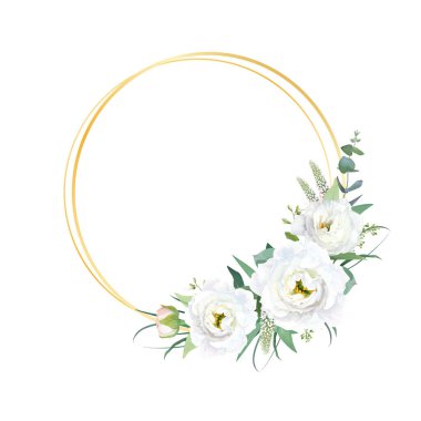 Zarif beyaz çiçek, yeşillik çelengi. Yuvarlak altın çerçeve. Düğün davetiyesi, tarih şablonu tasarımını kaydet. Eustoma, Veronica, yeşillik okaliptüs suluboya buket bırakır. Düzenlenebilir vektör illüstrasyonu