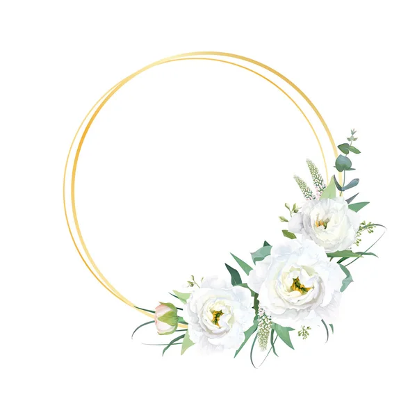Zarif Beyaz Çiçek Yeşillik Çelengi Yuvarlak Altın Çerçeve Düğün Davetiyesi — Stok Vektör