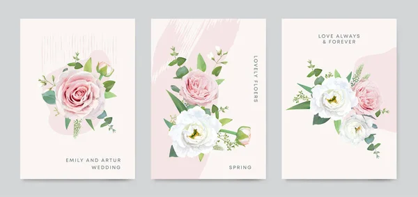 Vektorflorales Kartenvorlagen Set Aquarell Strauß Illustration Staubige Gartenrose Weiße Blüten — Stockvektor