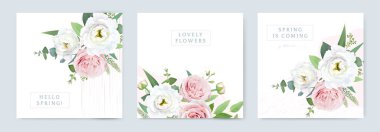 Bahar çiçeği kartı seti. Suluboya buket çizimi. Pembe gül, beyaz çiçekler, yasemin, yeşil okaliptüs yaprağı, soyut çizgiler. Evlilik, düğün davetiyesi şık şablon tasarımı 