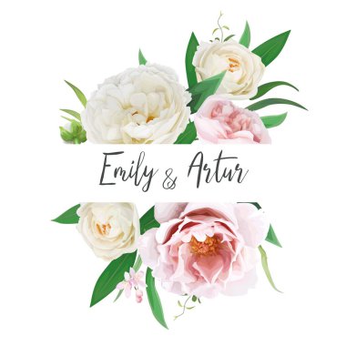 Watercolor style floral frame, border. Editable wedding invite, save the date, love postcard, greeting card. Pink peony, cream rose flowers, green garden leaves bouquet. Vector hand drawn Illustration