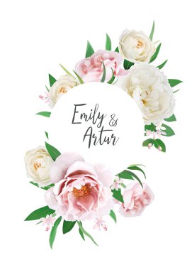 Floral, watercolor style wedding invite, save the date card. Pink peach peony flower, cream rose flowers, greenery garden leaves bouquet. Editable vector Illustration. Elegant greeting template design