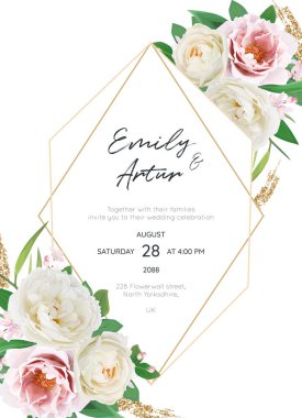 Elegant wedding invite, save the date card. Pink peony, cream white rose flowers, green leaves bouquet. Floral vector illustration with golden geometrical frame. Stylish, editable, watercolor template