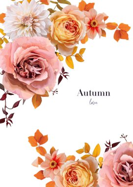 Fall vector art bouquet frame. Autumn dusty pink moody, rose flowers, cream orange dahlia, yellow red eucalyptus leaves, branches editable floral illustration. Wedding invitation card, banner template