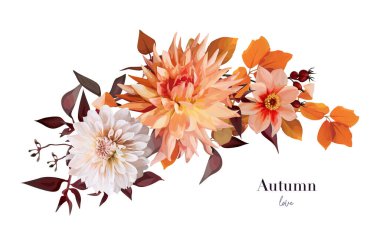 Beautiful autumn dahlia bouquet. Fall orange, peach cream flowers, yellow eucalyptus branches, red wild grape leaves floral editable illustration. Wedding invite, thanksgiving watercolor style element. Lovely art