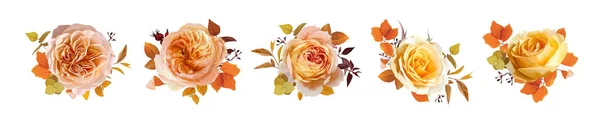 Έτοιμο Φθινοπωρινό Μπουκέτο Λουλούδια Νερομπογιάς Φύλλα Ροδακινί Τριαντάφυλλα Κήπου Κίτρινα — Διανυσματικό Αρχείο
