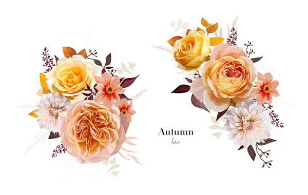 Fall Bouquet Set Watercolor Flowers Leaves Peach Orange Rose Dahlia — Stock Vector