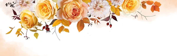 Κομψό Λουλουδάτο Φθινοπωρινό Πανό Διάνυσμα Πτώση Υδατογραφία Κίτρινο Ροδάκινο Τριαντάφυλλο — Διανυσματικό Αρχείο