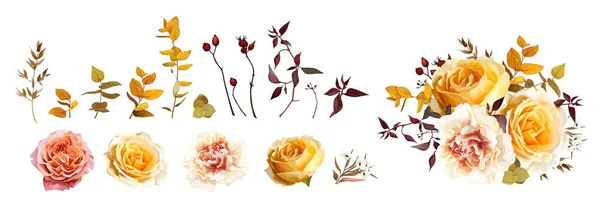 Herbststrauß Vektor Herbst Aquarell Gelb Orange Rosa Rose Blume Sahne — Stockvektor