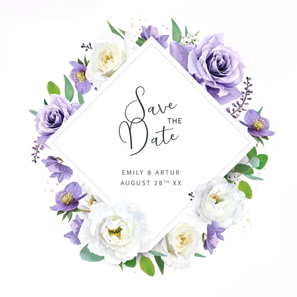 ベクトル結婚式は日付 招待カードを保存します 水彩紫 紫色の庭のバラの花 ヘレボラム リザンサス ユーカリの緑は花束シックなイラストを残します 編集可能なフラワーフレーム 境界線 — ストックベクタ