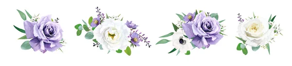 ベクトル水彩スタイルの紫 紫色の花束 庭のバラの花 ヘレボラム リサントス ユーカリの緑の葉 シックな編集可能なイラストセット 夏のスタイリッシュな結婚式の招待装飾 — ストックベクタ