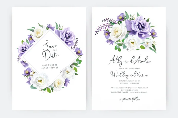 Vektor Hochzeitseinladungskarte Vorlagenset Aquarell Stil Violett Violett Weiße Gartenrosenblüten Helleborum — Stockvektor